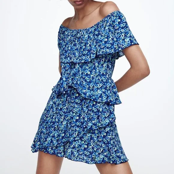 NEW Zara Blue Floral Off the Shoulder Cute Tiered Ruffle Dress Romper Jumpsuit M - Picture 4 of 9